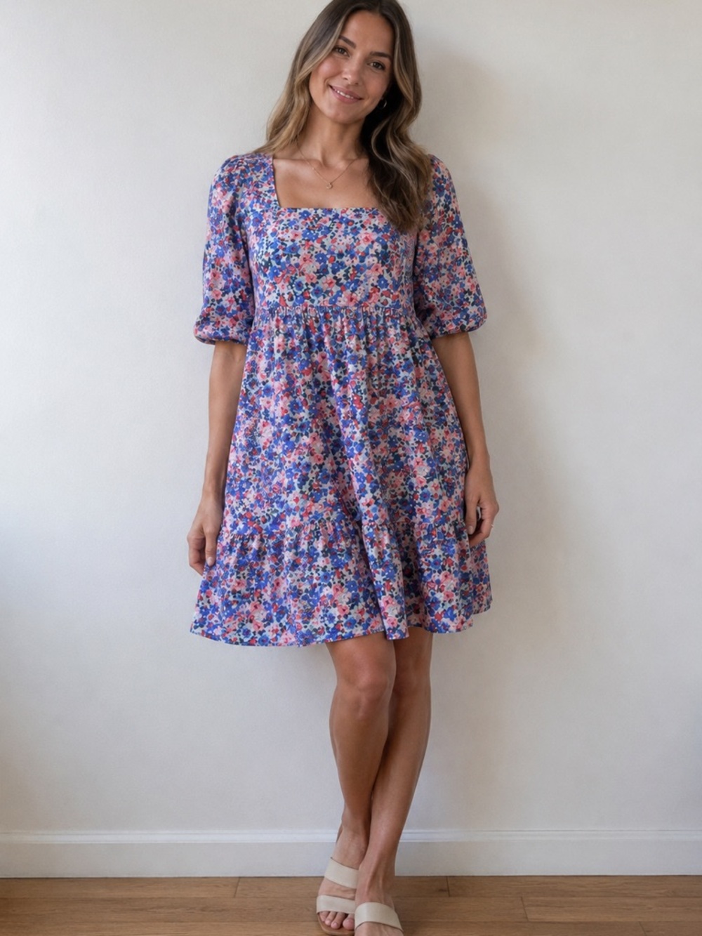 BCBG Paris Floral Babydoll Mini Dress Size M Blue Pink Floral Square Neck